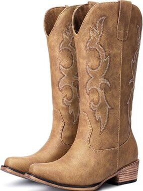 Cowboy Boots for Women - Mid Calf Cowgirl Boots Western Chunky Heel Pointed Toe